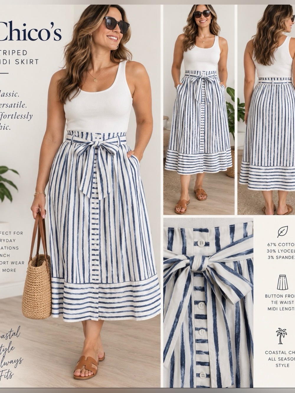 Chico’s Size L Blue White Striped Midi Skirt Tie Waist Button Front coastal chic